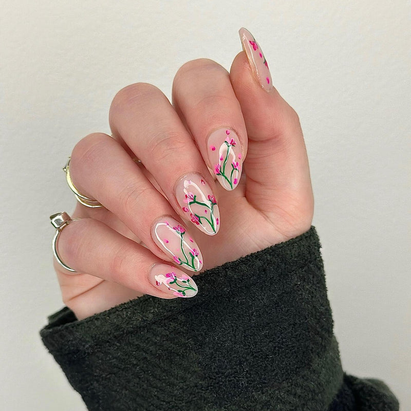 Spring Flower Glue On Nails Multicolor Medium Almond