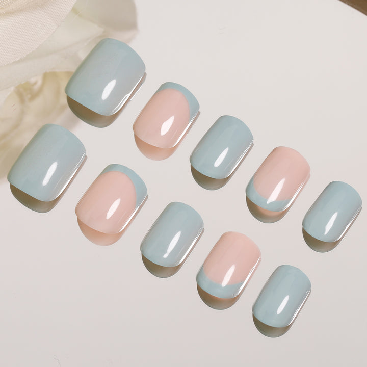 Light Blue French Nails Tips Casual Short Square Press-Ons