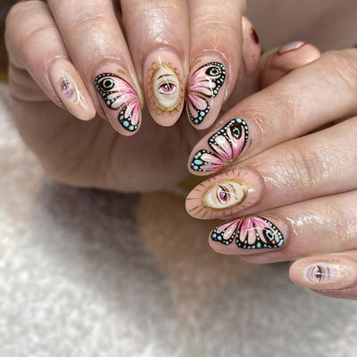 Butterfly Eyes Glue On Nails Multicolor Medium Oval