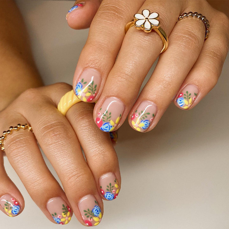 Flower French Tips Nails Multicolor Short Squoval