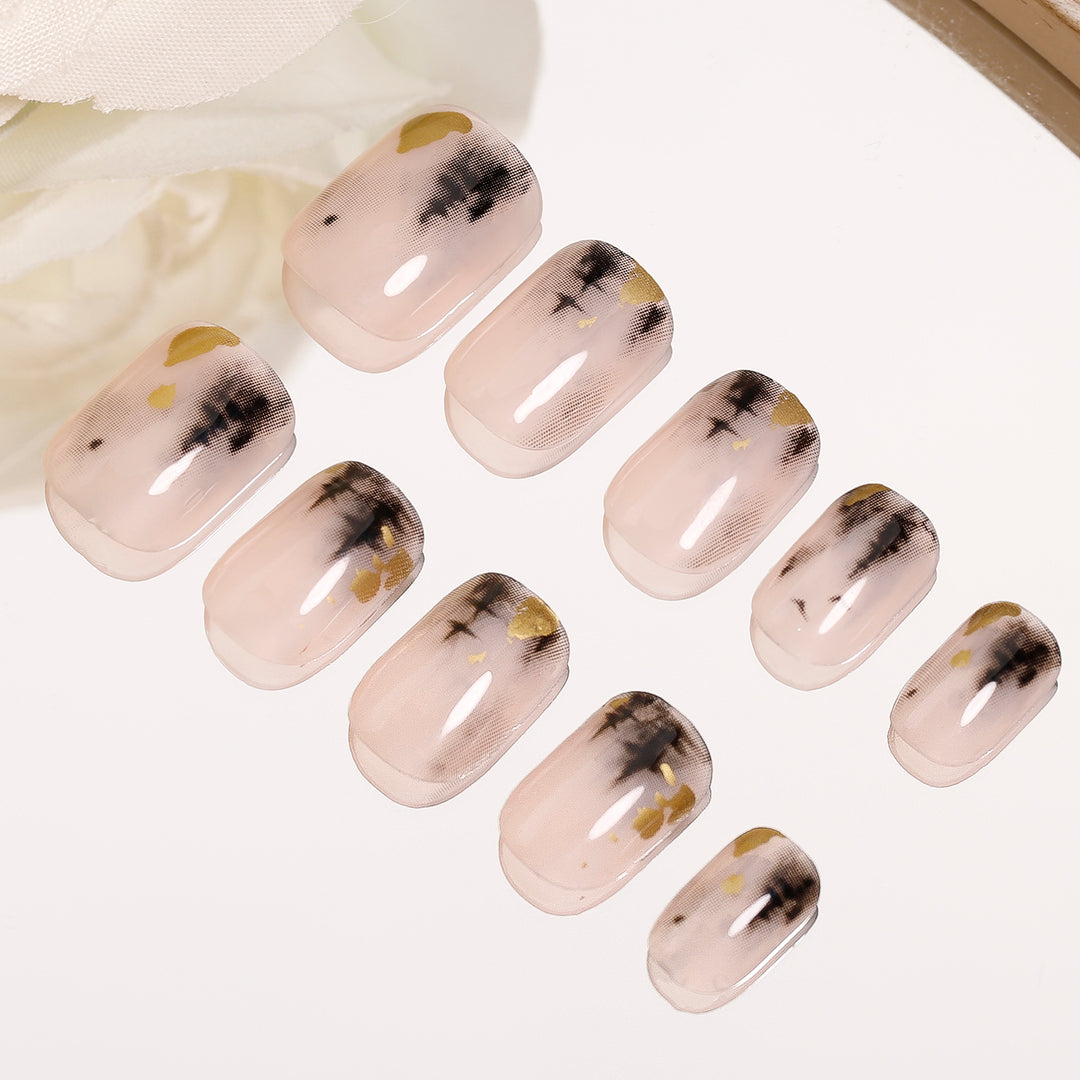 Gold Leaf Glue On Nails Retro Ink Nude Short Squoval