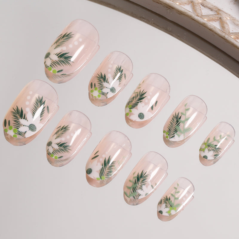 Fresh Leaf and Flower French Short Oval Press On Nails