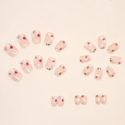 Flower False Stick On Nails Nude Short Squoval Press On Nails