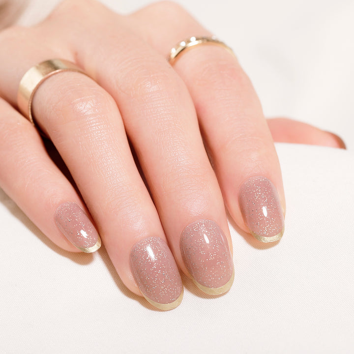Aurora Glitter French Tips Nails Short Nude Oval Press-Ons