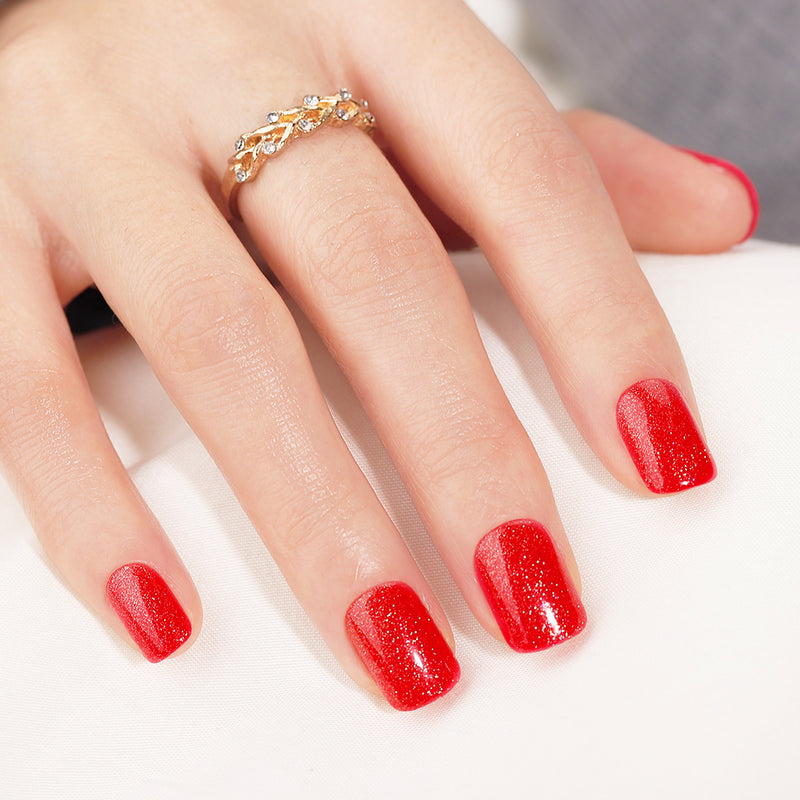 Red Glitter Soft Gel Glue On Nails Short Squoval Style