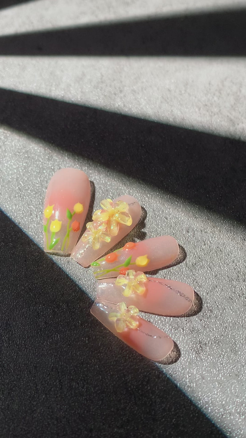 Faux Flowers Pop On Handmade Nails Yellow Coffin