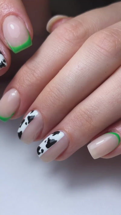 Cow Print French Tips Nails Green Short Square