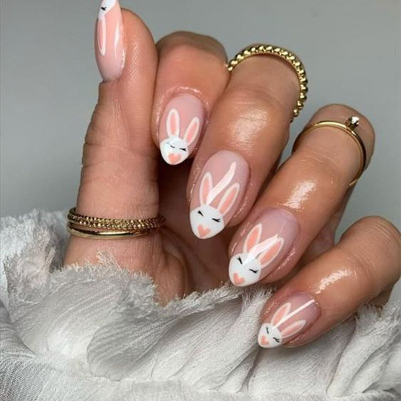 Easter Cute Rabbit Nails French Tips Pink Medium Almond Press-Ons