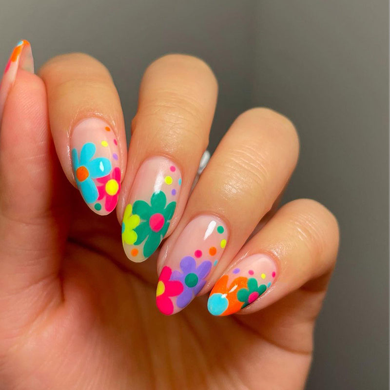Flower Press On Nails Multicolor Cute Dot Medium Oval
