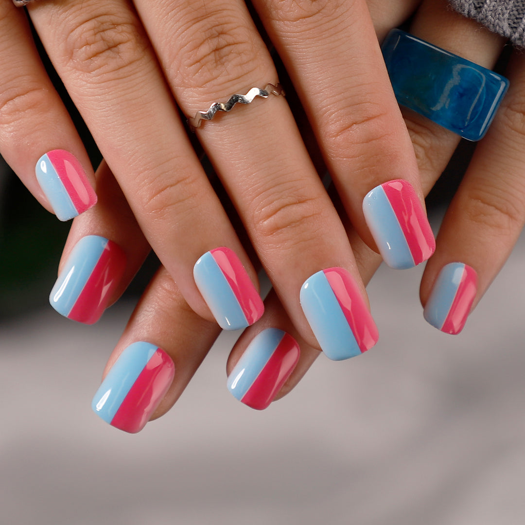 Simple Pink And Blue Colorblock Short Squoval Press On Nails - BettyCora