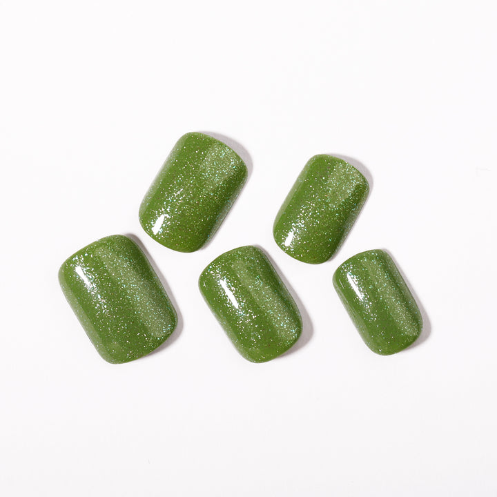 Deep Green Glitter Soft Gel Nail Short Squoval Stick On Nails