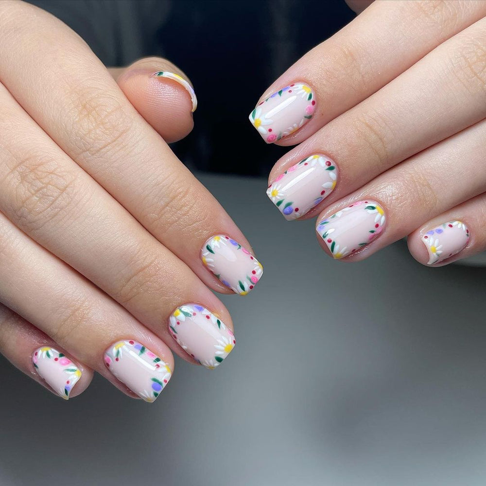 Cute Flower Pink Short Squoval Press On Nails