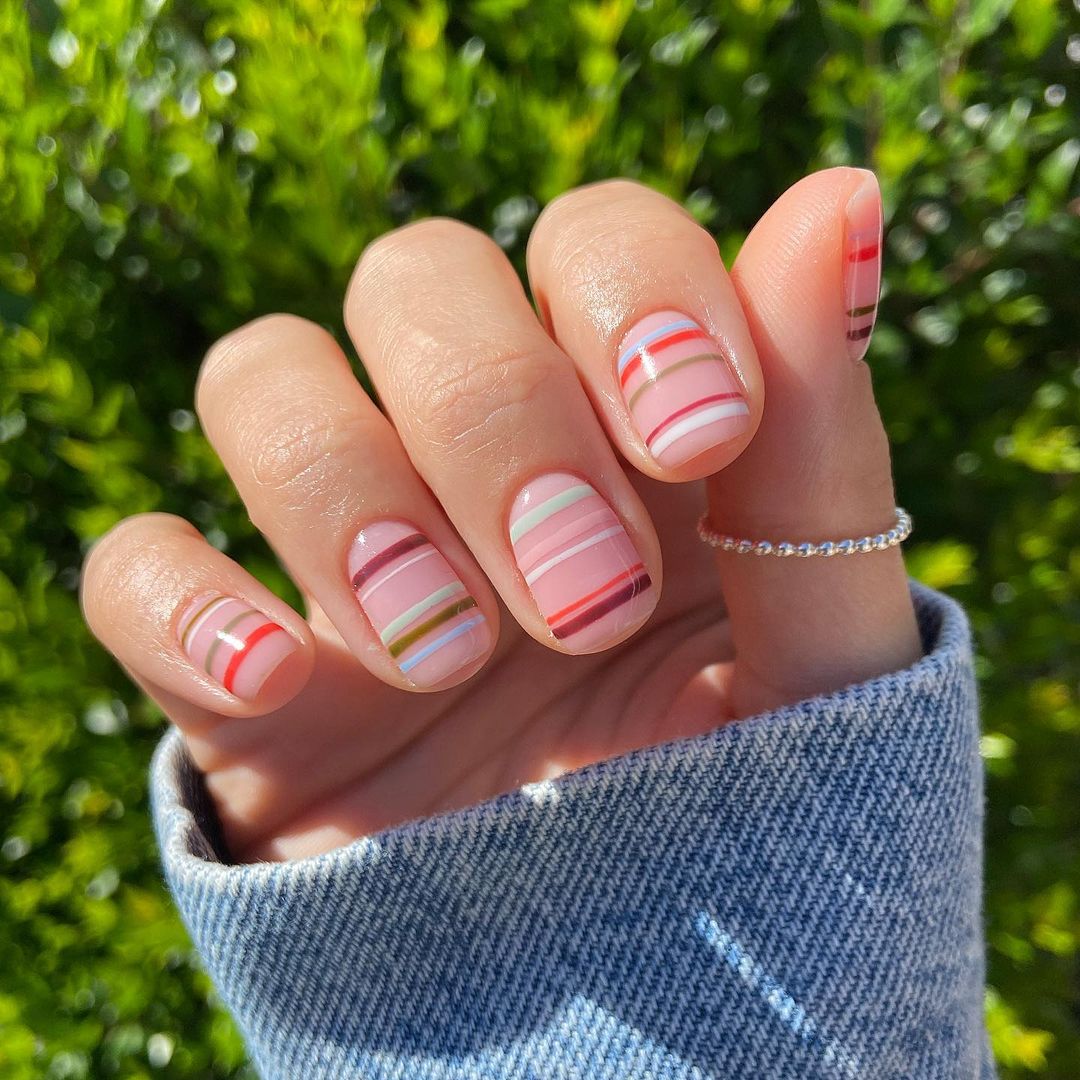 Colorful Line Nude Short Squoval Press On Nails