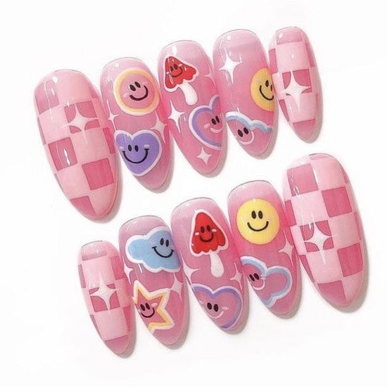 Checkerboard Grid Cloud Smiling Face Pink Medium Almond Press On Nails - BettyCora
