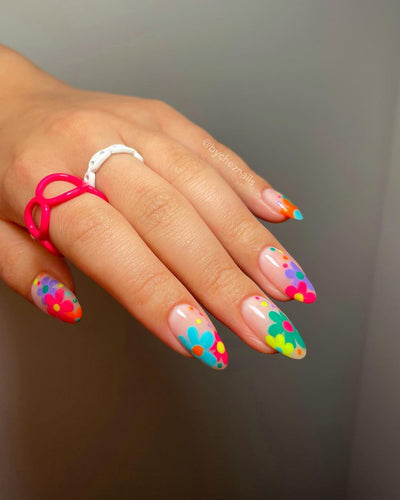 Flower Press On Nails Multicolor Cute Dot Medium Oval