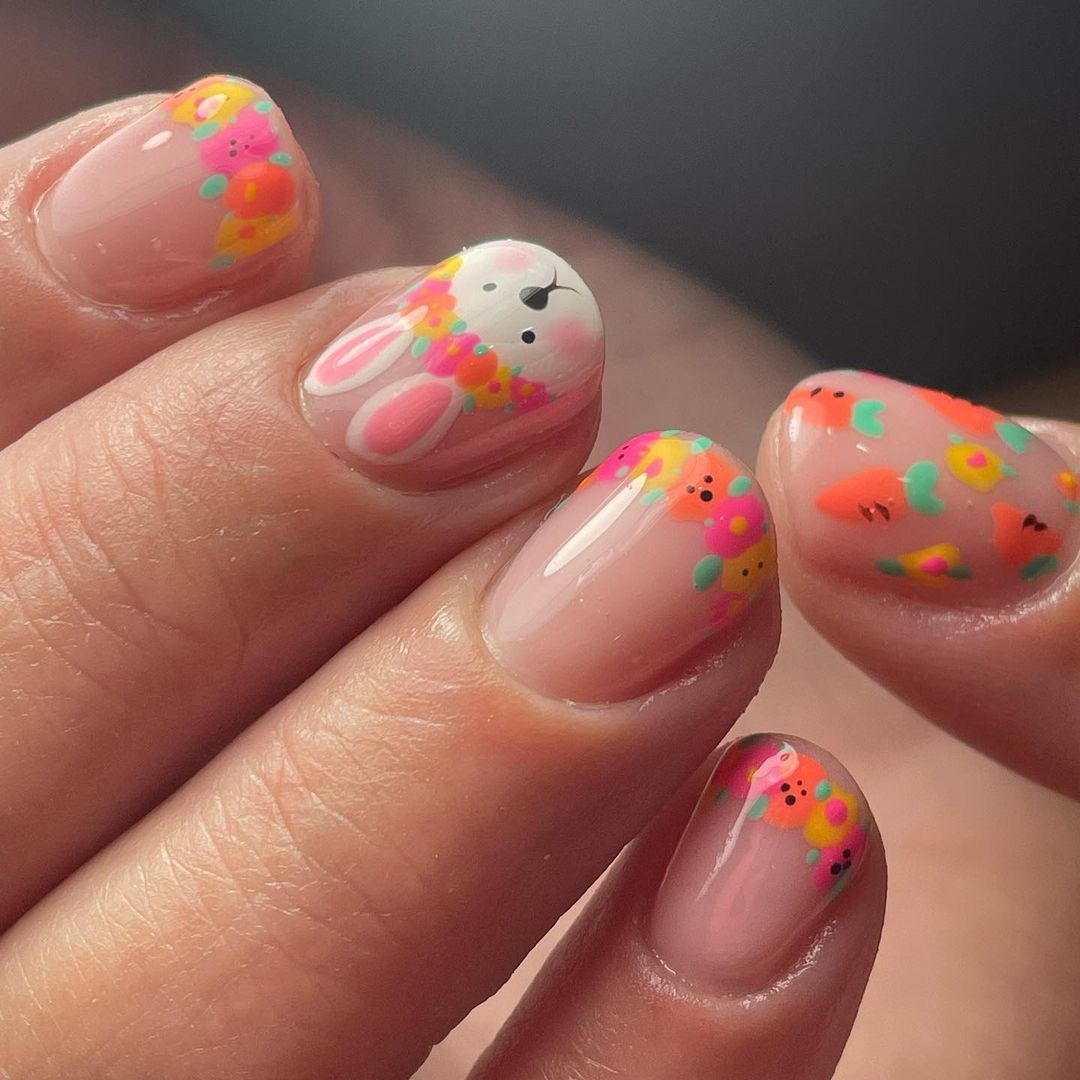 Cute Rabbit Flower Multicolor Short Squoval Press On Nails - BettyCora