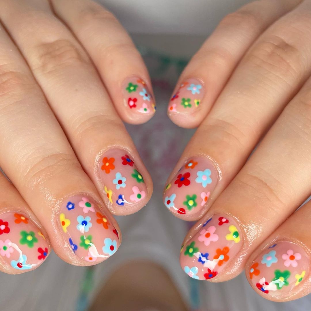 Coloful Flower Multicolor Short Squoval Press On Nails
