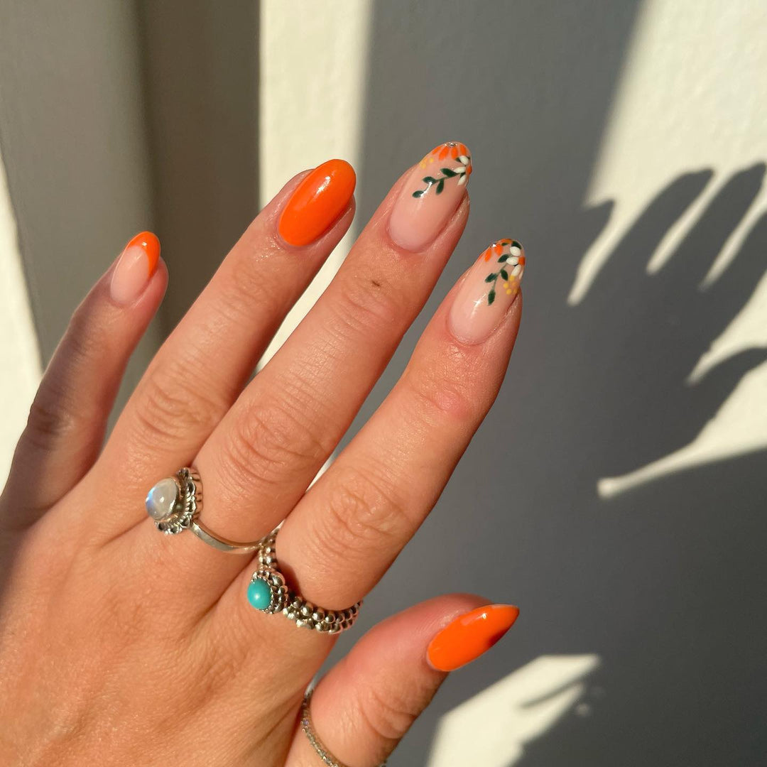 Orange Flower Oval Short Press On Nails - BettyCora
