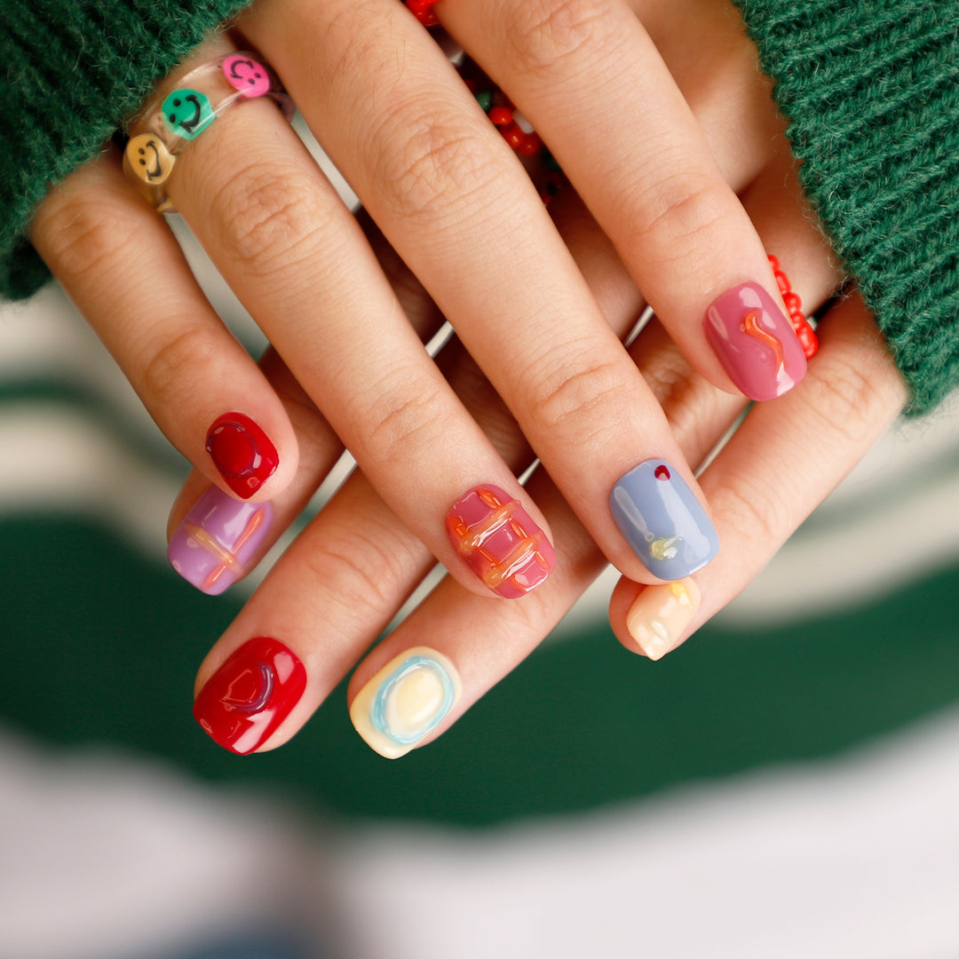Cute Line Dot Multicolor Short Squoval Press On Nails