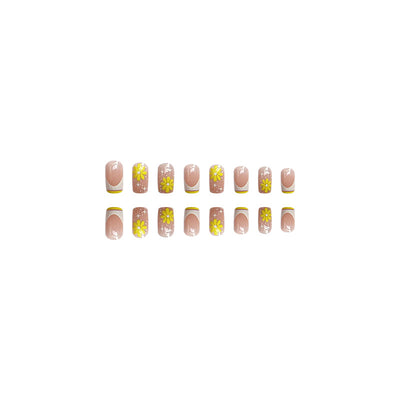 Flower French Tips Nails Spring Yellow Medium Square Style