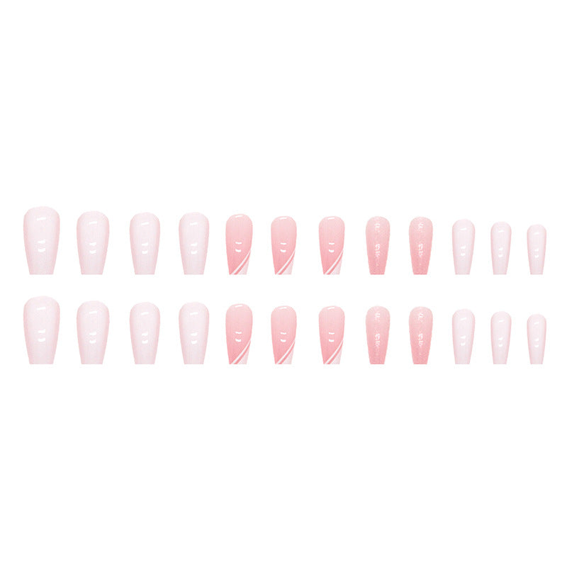 Pink Glitter French Tips Nails Medium Coffin Wave Style