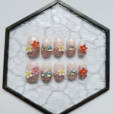 Flower Glitter Press On Nails