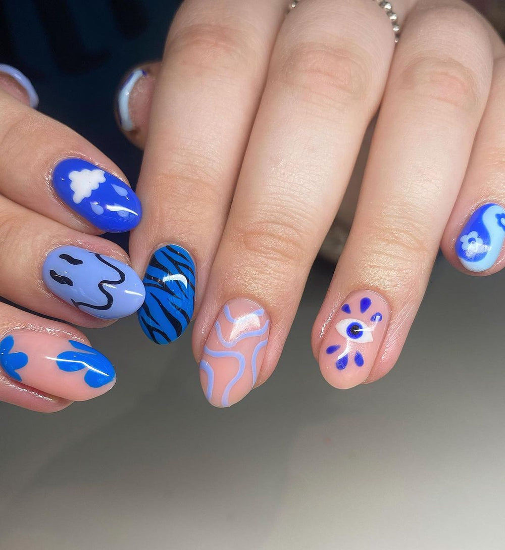 Wave Line Flower Eyes Smiling Face Blue Medium Oval Press On Nails - BettyCora