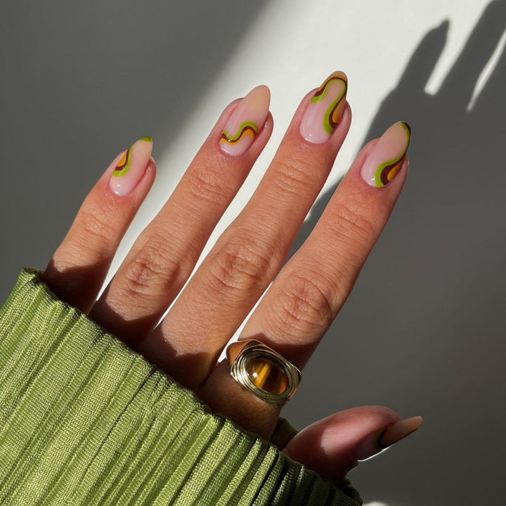 Cute Wave Line Multicolor Medium Oval Press On Nails - BettyCora
