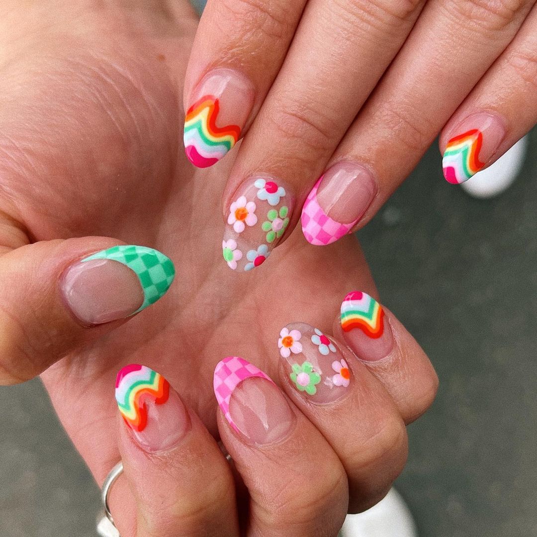 Multicolor Flowers Rainbow Medium Oval Press On Nails - BettyCora