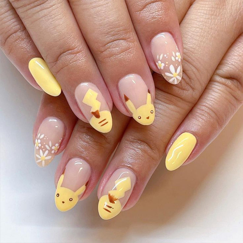 Yellow Cute Pikachu Flower Medium Oval Press On Nails - BettyCora