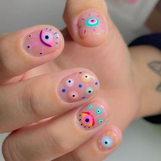 Colorful Cute Eyes Short Squoval Press On Nails - BettyCora