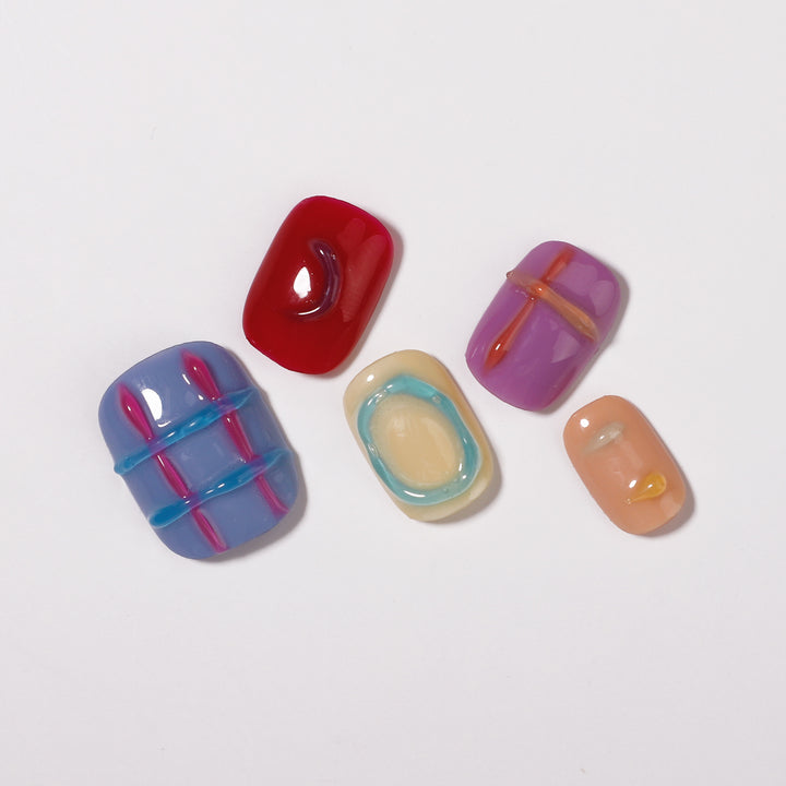 Cute Line Dot Multicolor Short Squoval Press On Nails - BettyCora