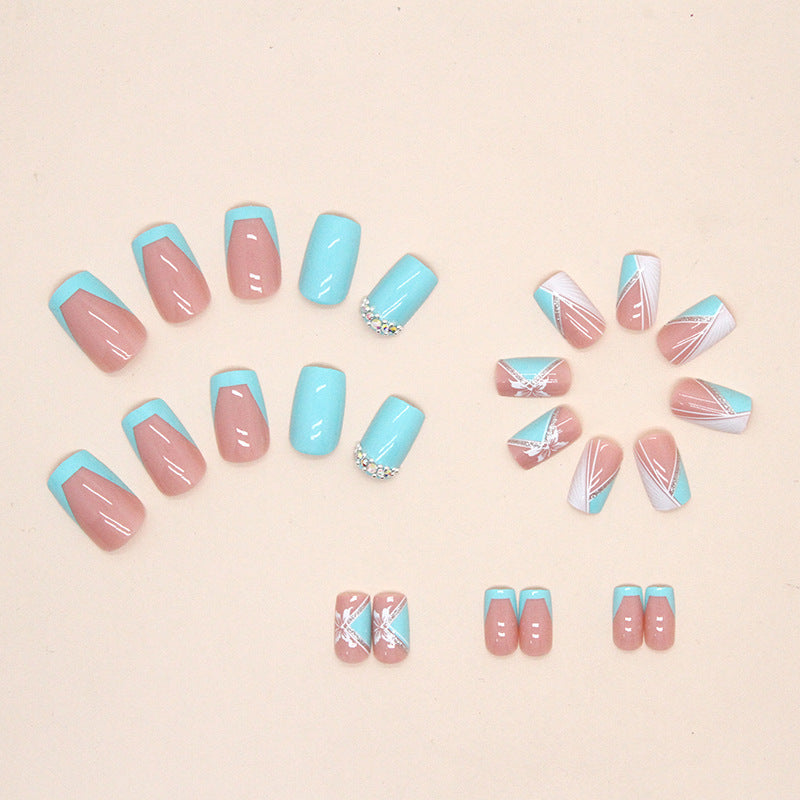Butterfly French Nails Blue Pink Medium Square Design Press On Nails ...
