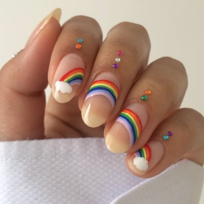 Rainbow Cloud Stick On Nails Multicolor Medium Oval