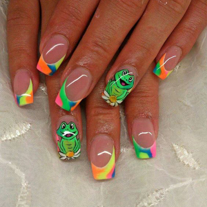 Cute Frog French Tips Nails Summer Multicolor Medium Square Style