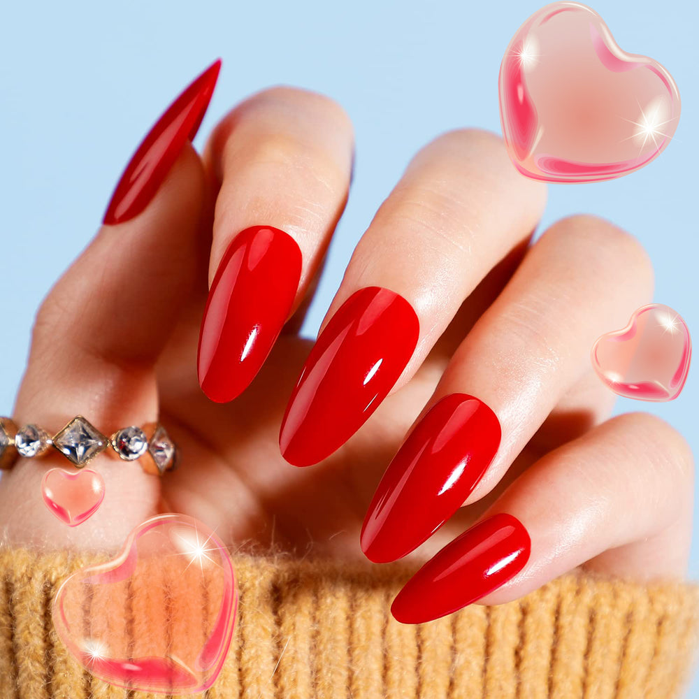 Cute Red Solid Color Medium Almond Press On Nails - BettyCora