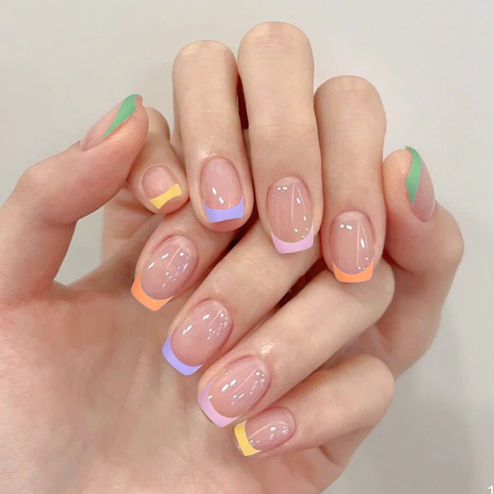 Colorful Edge French Tip Nude Short Squoval Press On Nails