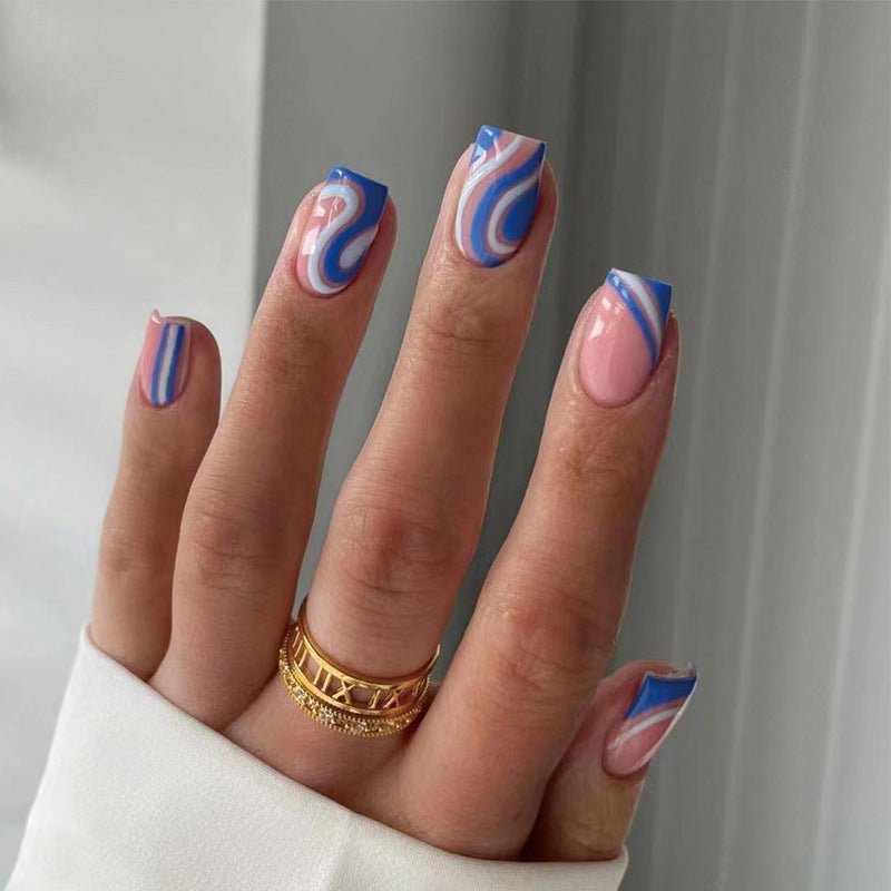 Blue And White Waves French Short Squoval Press On Nails - BettyCora