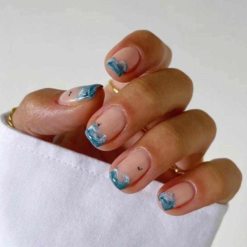 Blue Sea Waves Seagull Short Squoval Press On Nails - BettyCora