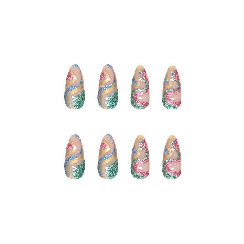 Christmas Shiny Sequin Waves Almond Short Press On Nails - BettyCora