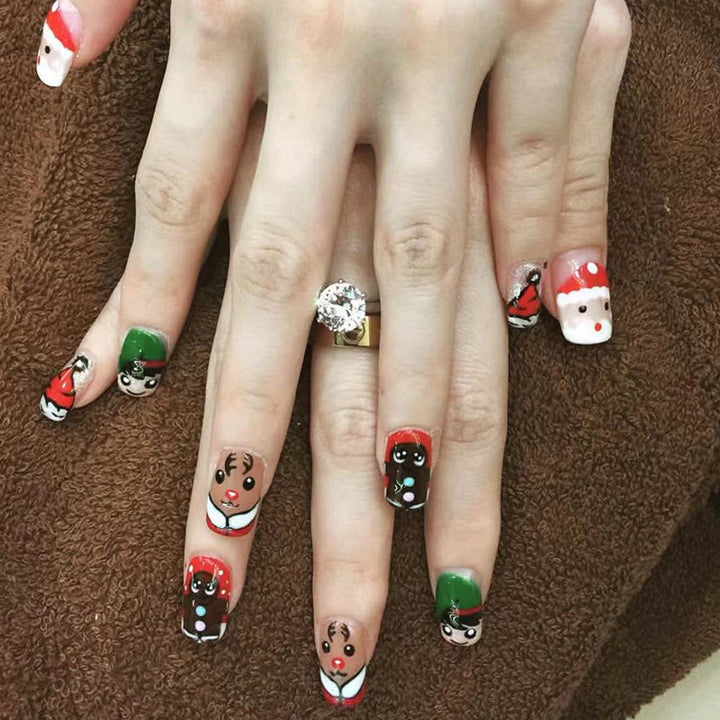 Christmas Snowman Deer Multicolor Short Squoval Press On Nails