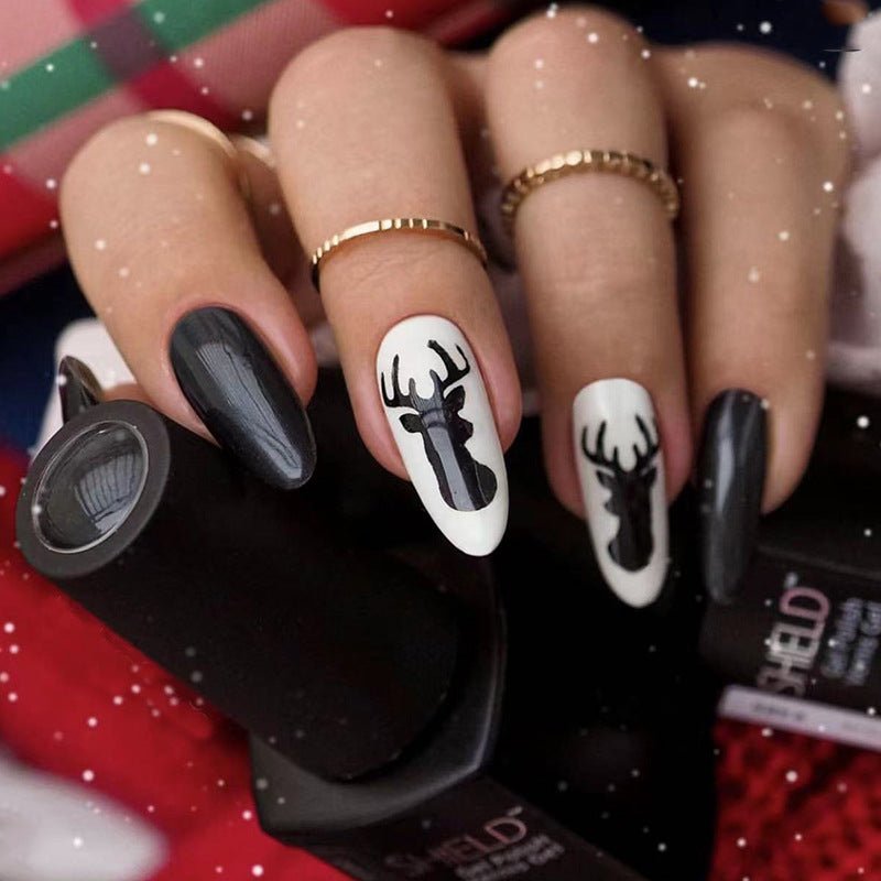 Christmas Deer Black Long Oval Press On Nails