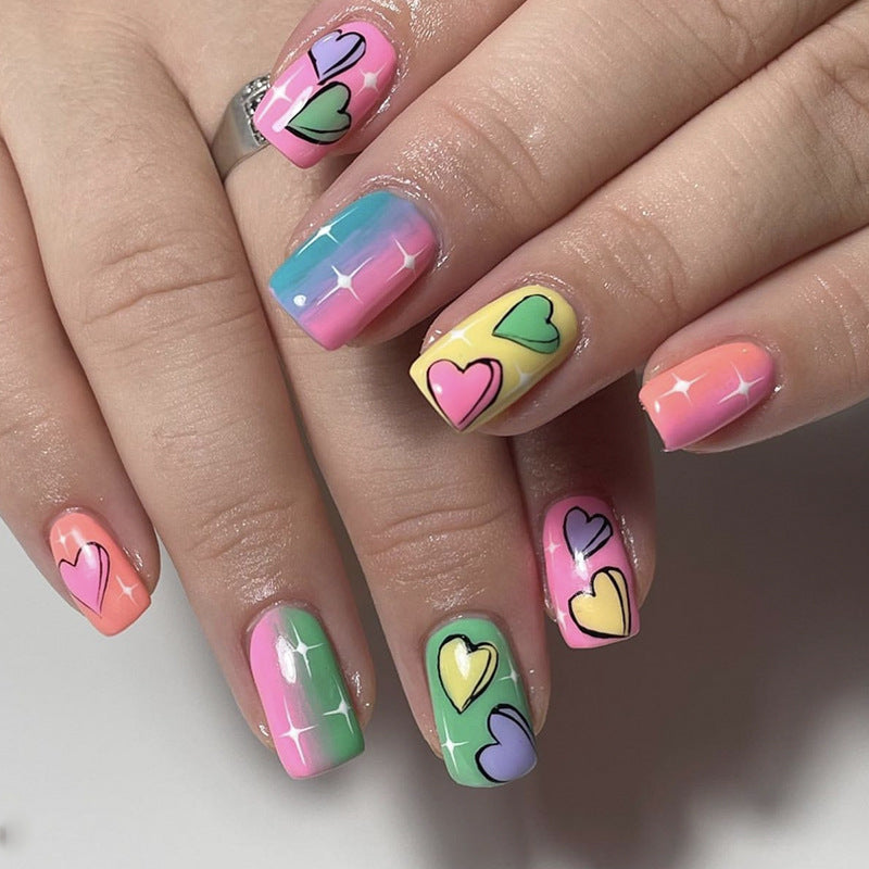 Valentine Heart Rainbow Multicolor Medium Squoval Press On Nails