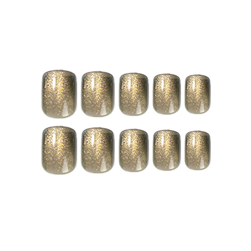 Gold Glitter Cat Eye Short Squoval Press On Nails - BettyCora