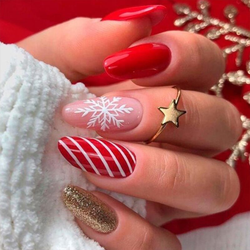 Gold Glitter Snowflake Christmas Medium Almond Press On Nails - BettyCora