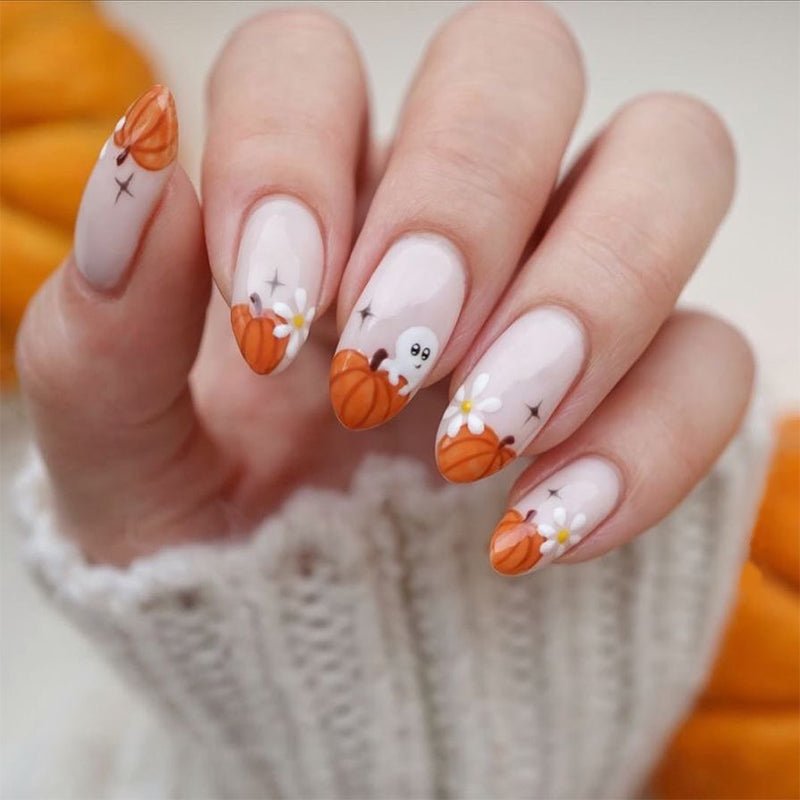 Pumpkin Flower French Short Almond Press On Nails - BettyCora