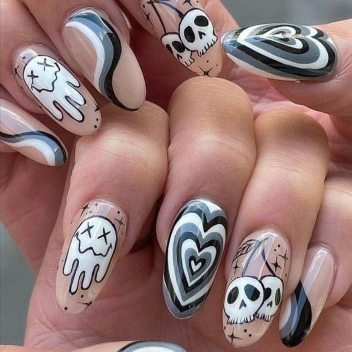 Halloween Spooky Heart Ghosts Medium Oval Press On Nails - BettyCora