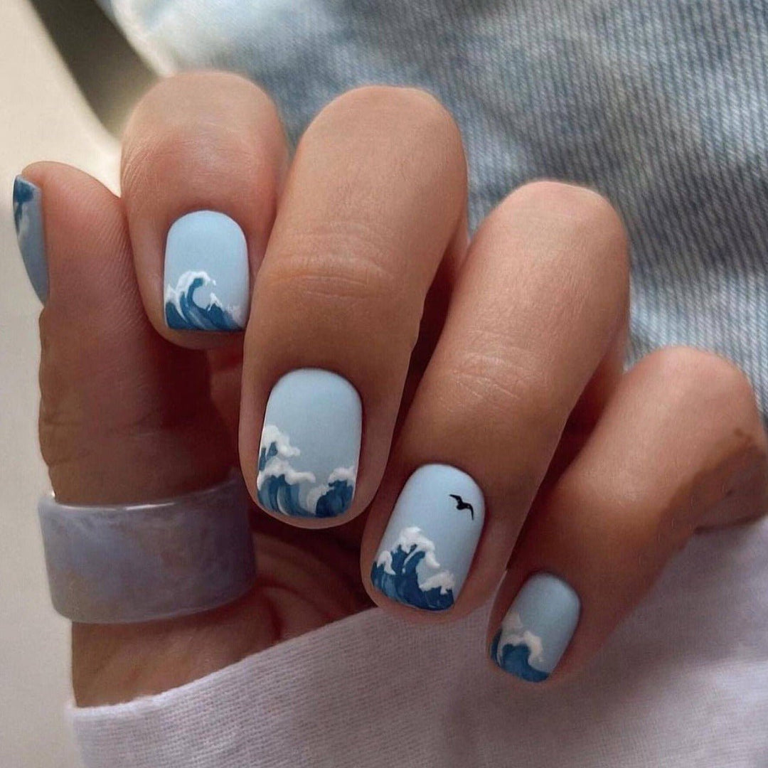 Blue Wave French Tip Short Squoval Press On Nails