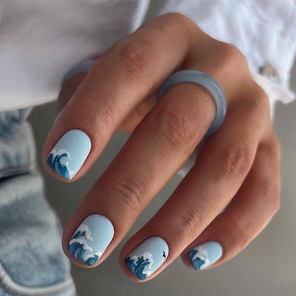 Blue Wave French Tip Short Squoval Press On Nails - BettyCora