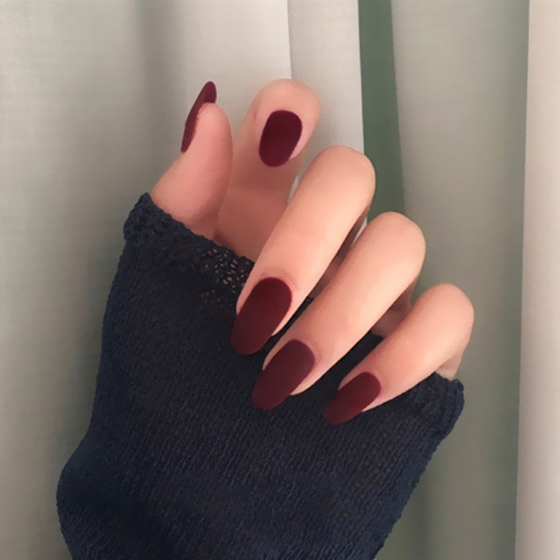 Burgundy Red Solid Color Medium Oval Press On Nails